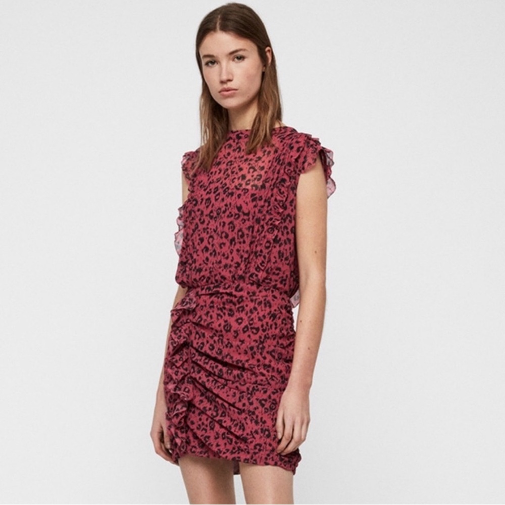 All Saints Pink Leopard Assymetrical Ruffle Dress US 4